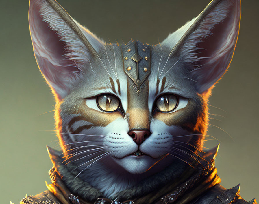 Digital artwork of humanoid cat in elaborate armor with golden eyes