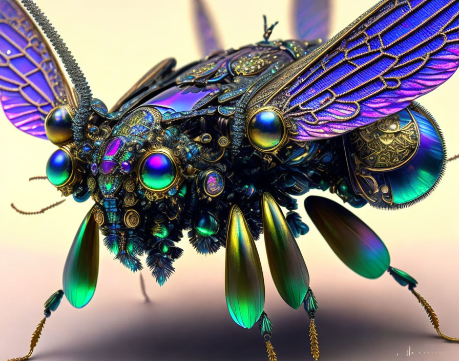 Detailed Mechanical Bee Illustration with Iridescent Wings and Gears