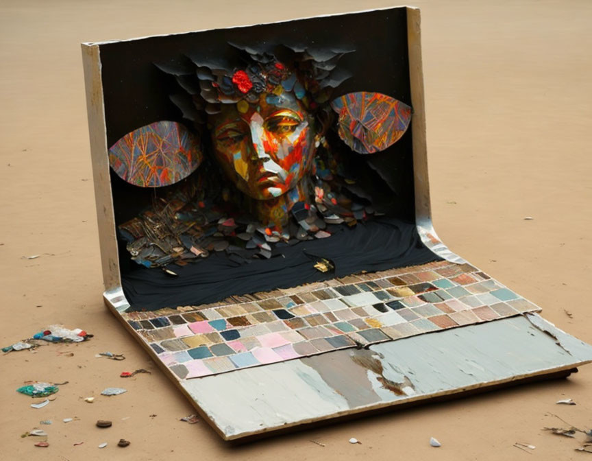 Mixed-Media 3D Art: Fragmented Face with Mosaic on Sandy Ground