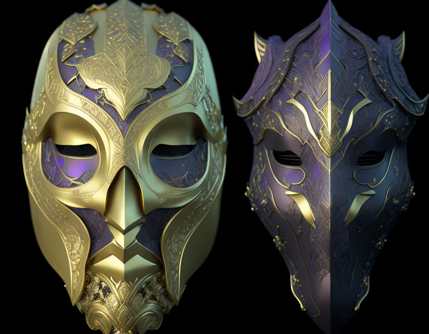 Ornate masks with gold patterns and jewel accents on dark background