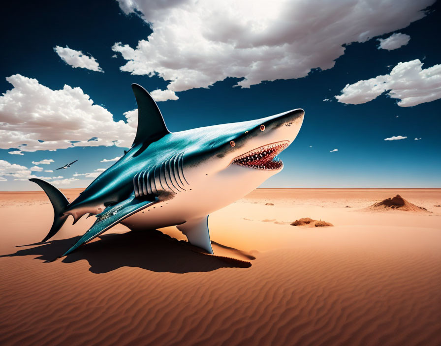 Surreal shark swimming in desert landscape