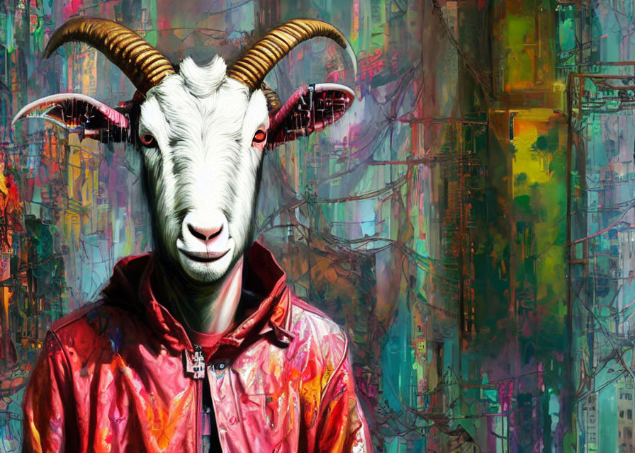 Surreal goat-headed human in red jacket amid vibrant urban scene
