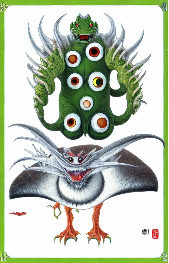 Mythical creature with green serpentine heads and winged entity with red eyes.