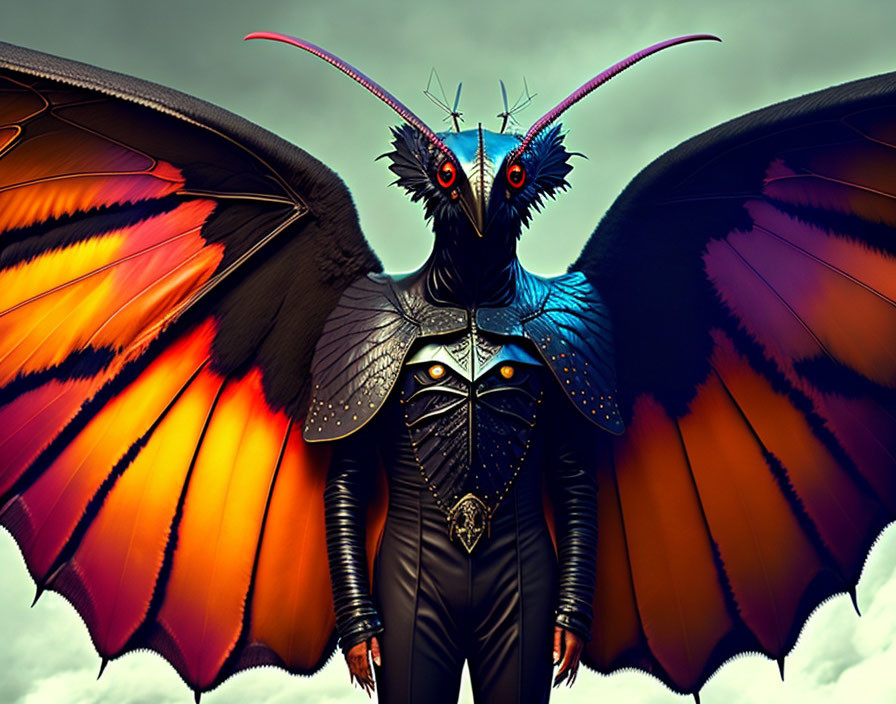 Colorful humanoid character with butterfly wings, armor, and insect-like features in stormy setting