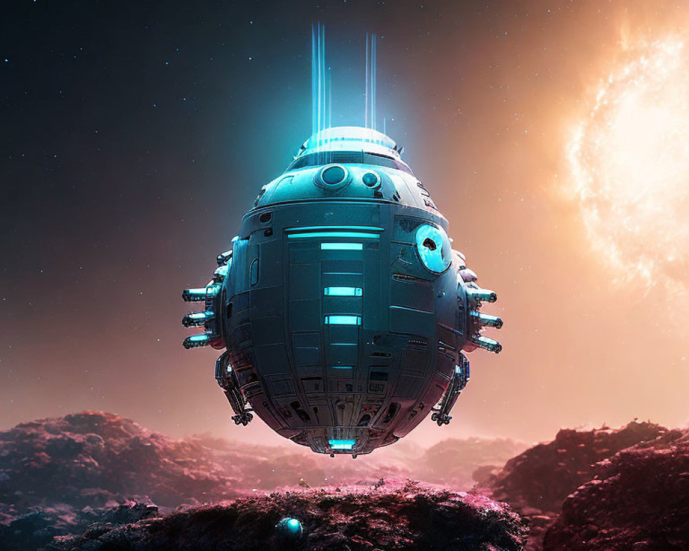 Futuristic spherical spaceship with blue glowing lights on rocky extraterrestrial landscape