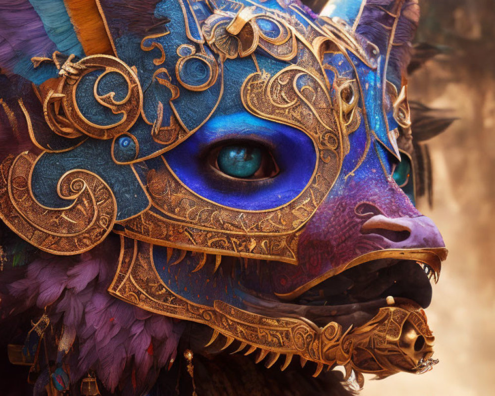 Intricate Cat Face Mask with Blue and Purple Colors