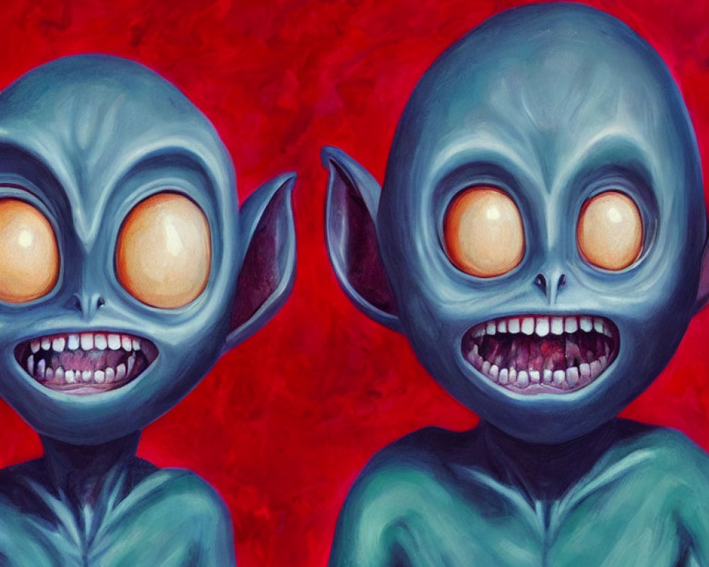 Cartoonish alien figures with oversized heads and eerie smiles on red background