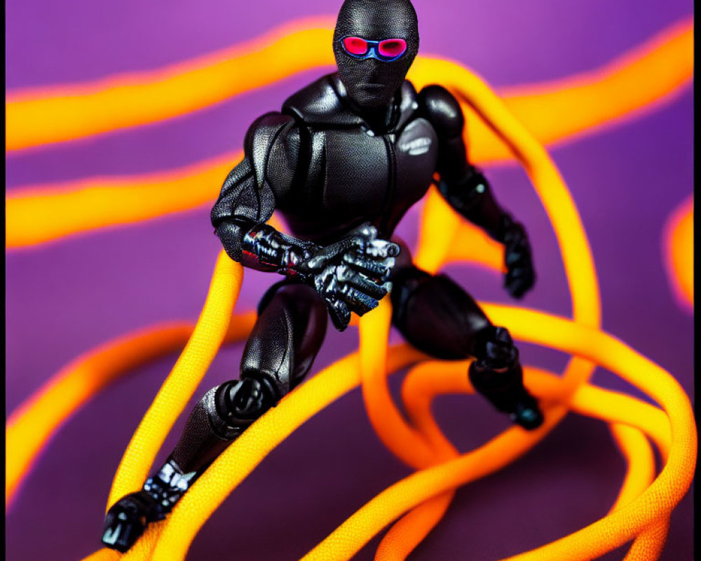 Black Figurine with Red Goggles Among Orange Cables on Purple Background