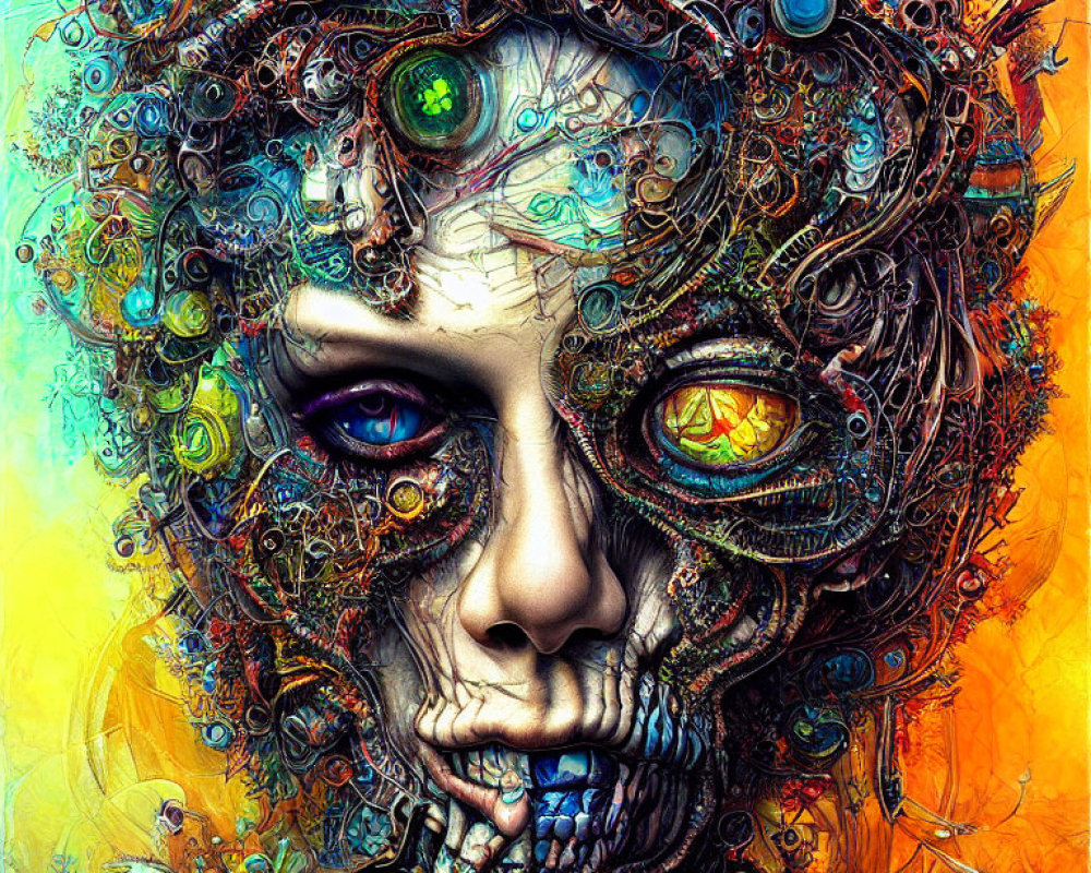 Colorful Cybernetic Portrait with Human Face and Blue Eyes