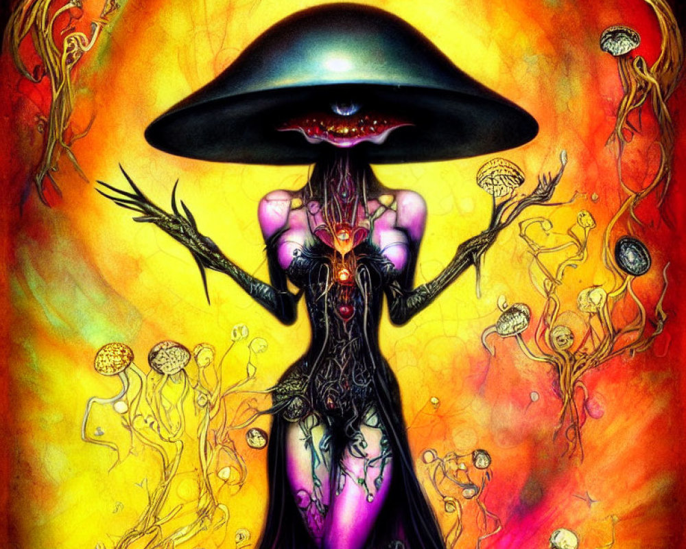 Colorful surreal alien figure with mushroom cap head surrounded by jellyfish creatures on fiery backdrop