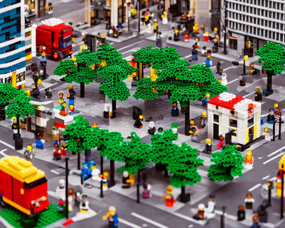 Detailed LEGO Cityscape with Buildings, Vehicles, Figures, and Tree-Lined Street