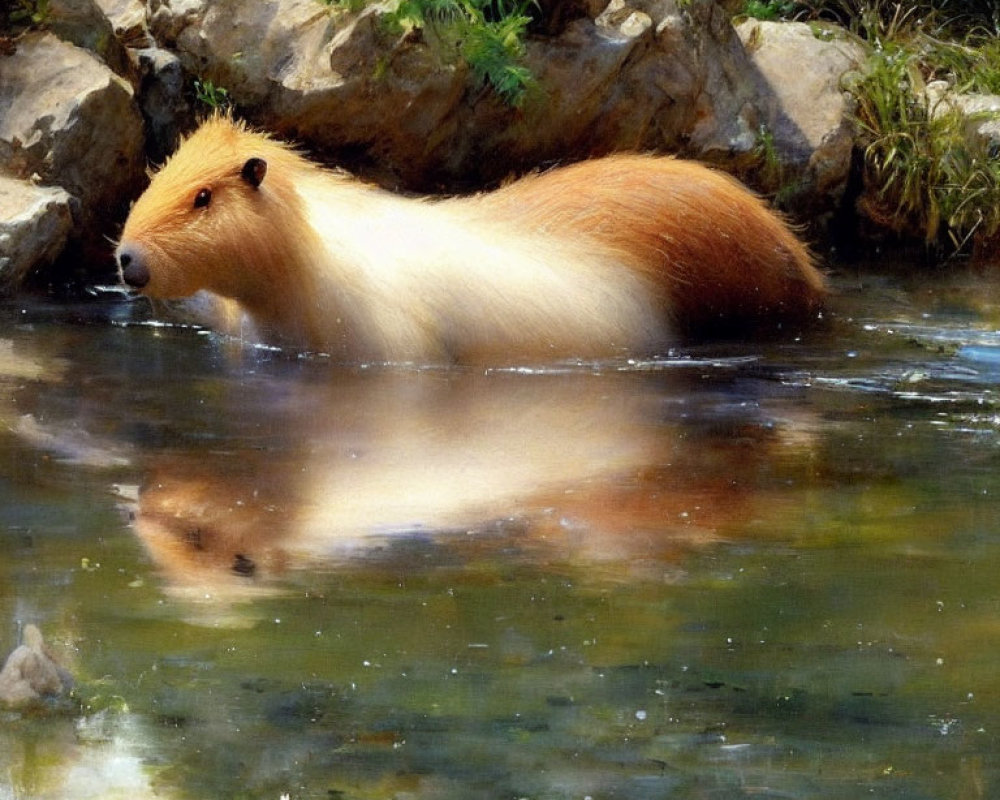 Capybara wading in tranquil waters among lush greenery