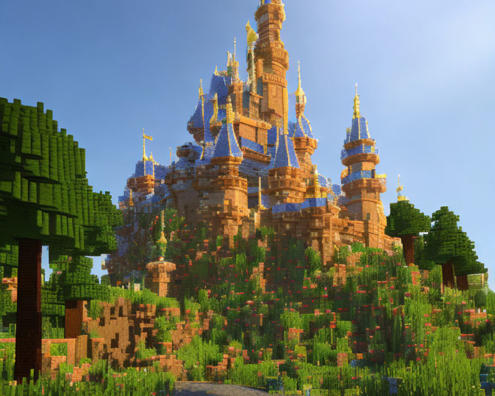 Block-Style Castle with Spires in Lush Minecraft World