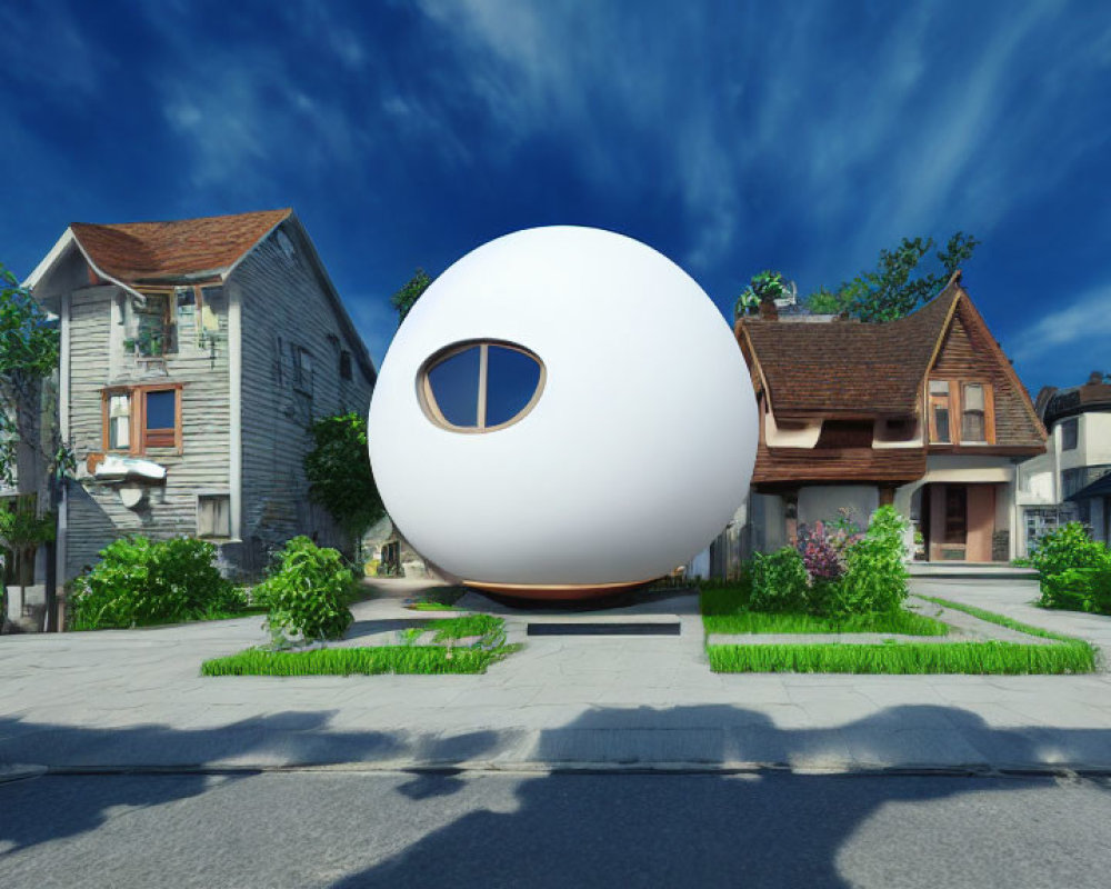 Futuristic white spherical structure in suburban setting