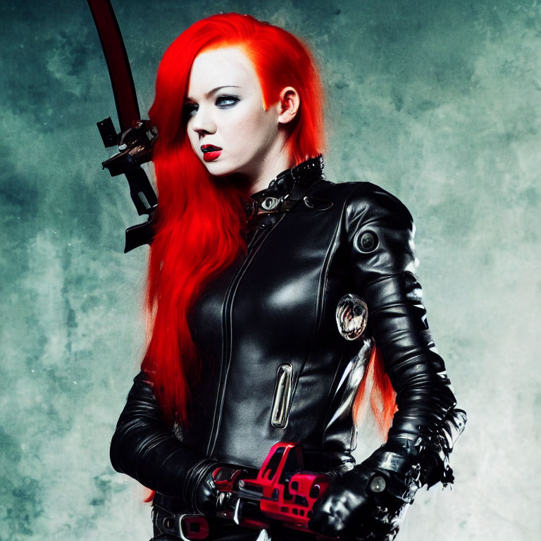 Red-haired woman in black leather jacket with crossbow on smoky backdrop