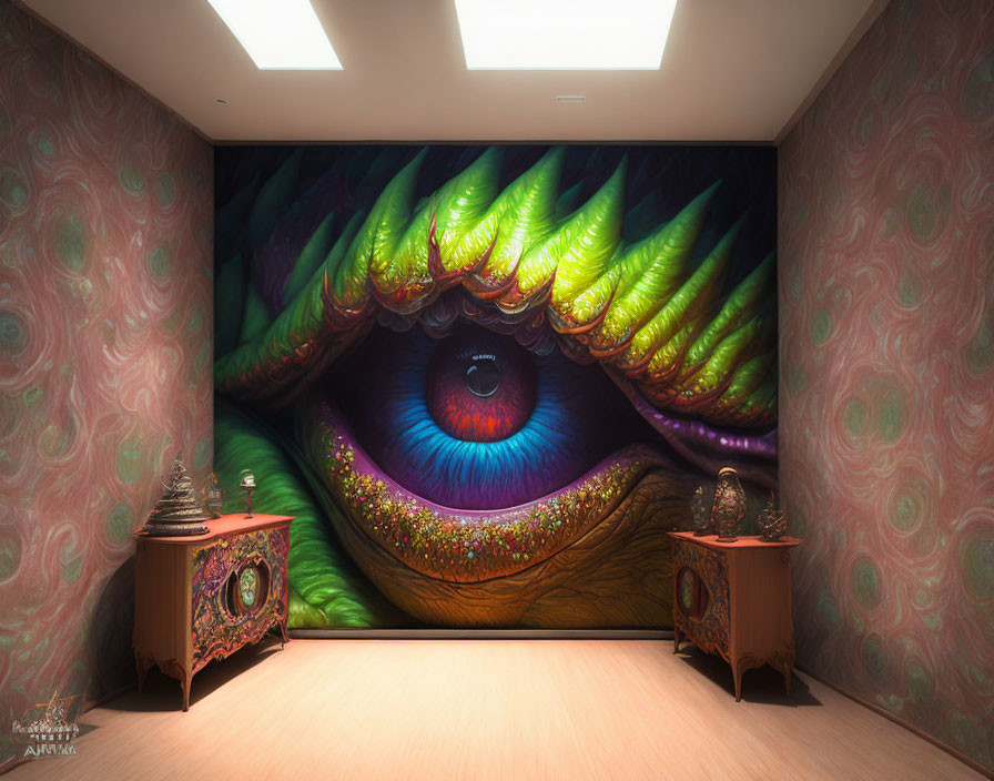 Colorful surreal eye mural in room with patterned walls and wooden side tables