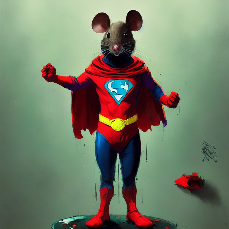 Mouse superhero illustration with red cape standing proudly