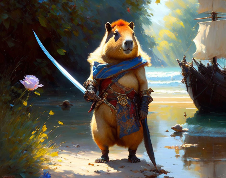 Fantasy capybara warrior in armor with sword by river and ship, light through trees