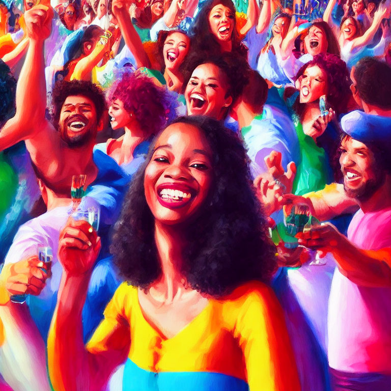 Colorful painting of diverse group celebrating with bright smiles