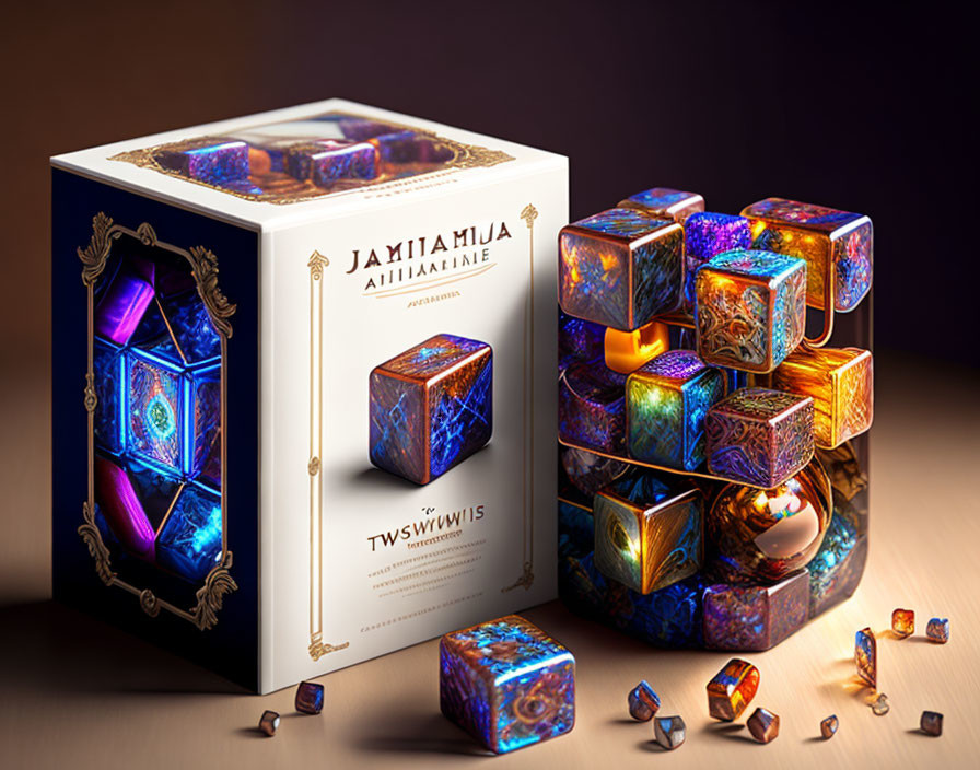 Colorful Polyhedral Dice Set with Fantastical Design in Ornate Box