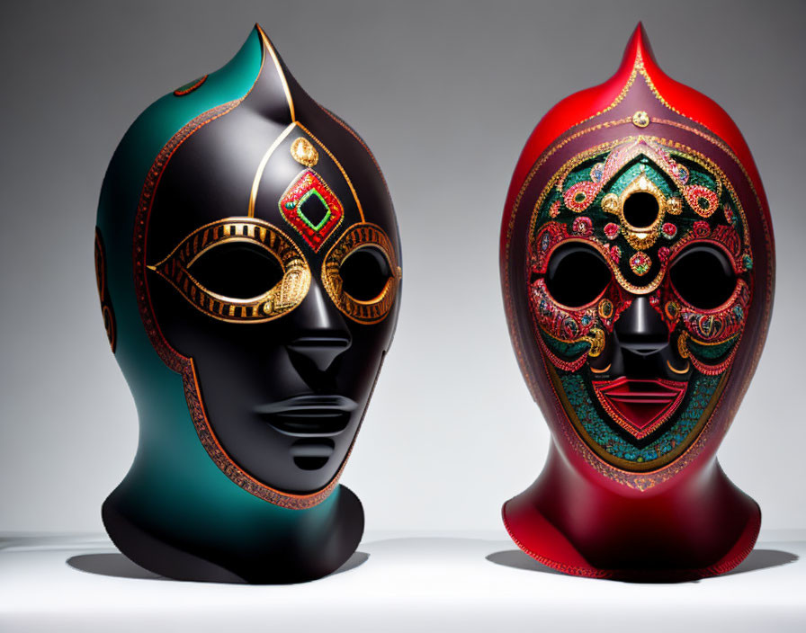 Elaborate Black and Red Venetian Masks with Jewel Embellishments