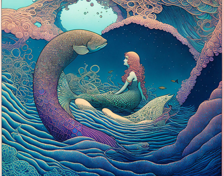 Mermaid and Giant Fish in Underwater Scene with Intricate Patterns