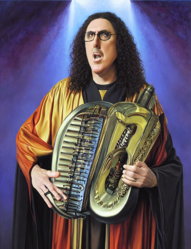 Long Curly-Haired Person in Robe Holding Oversized Accordion Under Spotlight