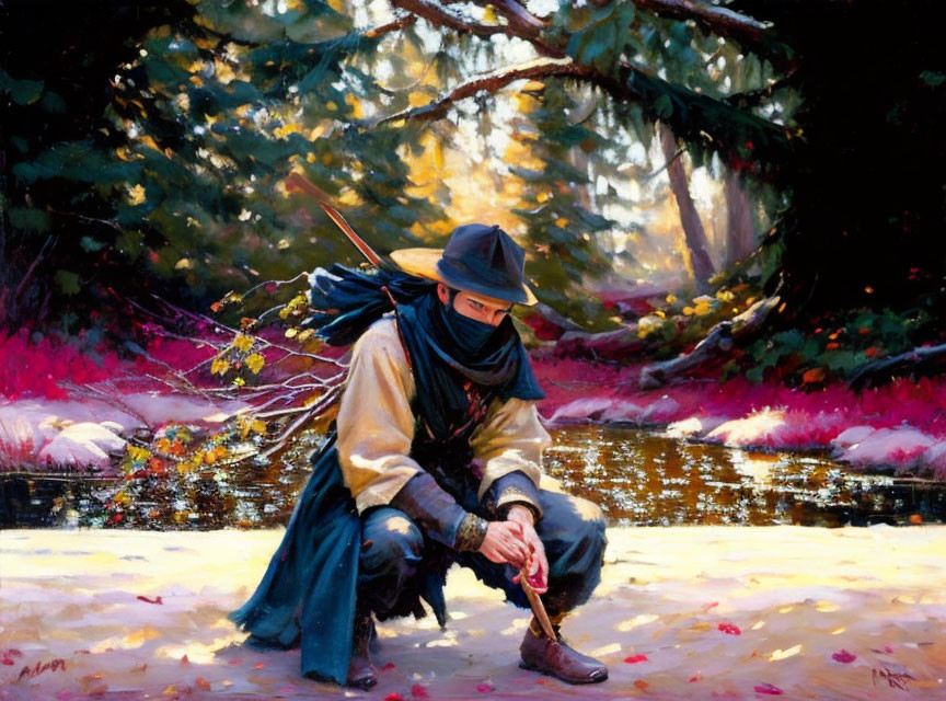 Cloaked figure with bow in vibrant forest scene