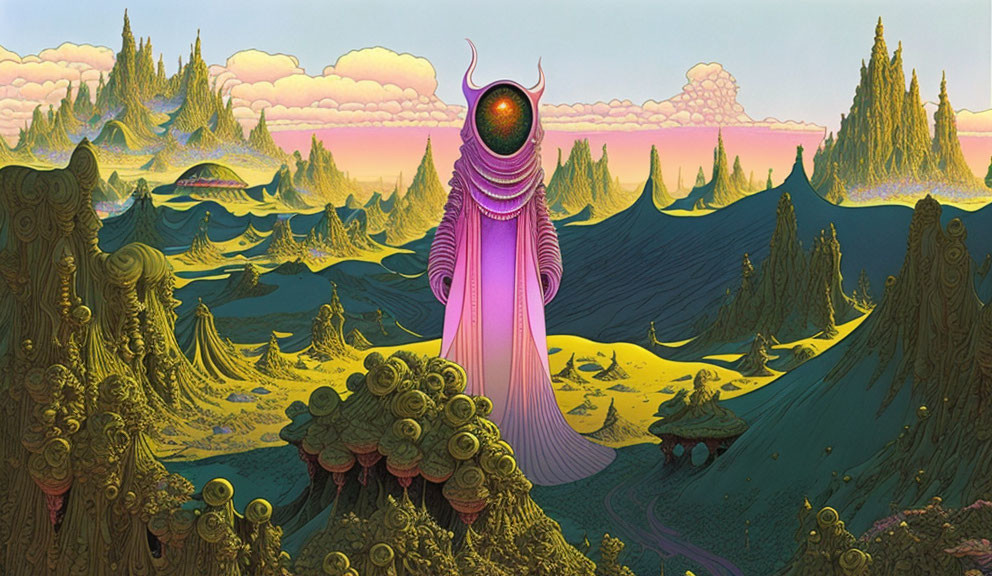 Vibrant surreal landscape with robed figure and glowing orb head