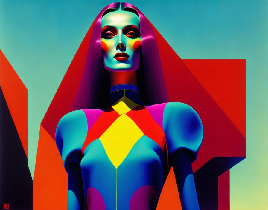 Colorful geometric female android portrait on blue and orange backdrop