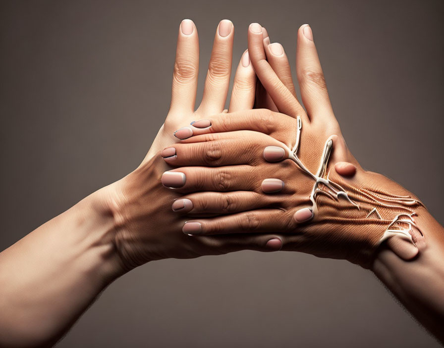 Interlocked hands with pink manicured nails on neutral backdrop