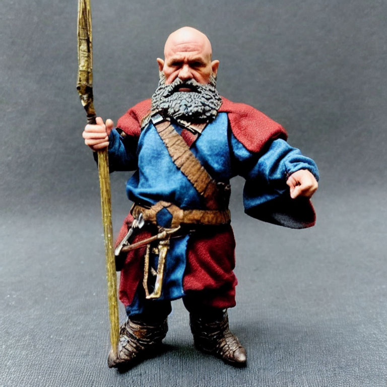 Fantasy Dwarf Warrior Figurine with Spear and Axe in Blue & Red Tunic