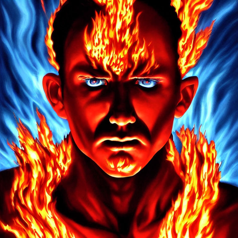 Intense Blue-Eyed Person Amid Vibrant Flames on Dark Background