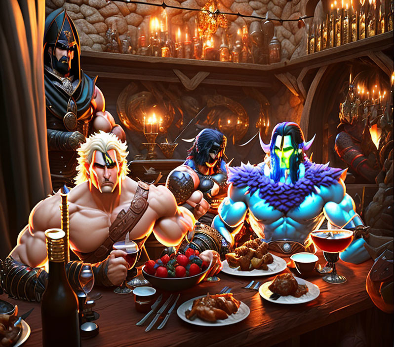 Four muscular animated characters dining in a medieval tavern scene