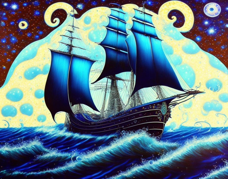 Colorful illustration of old sailing ship on wavy sea under starry sky