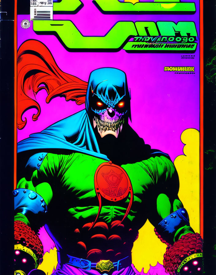 Muscular character in blue cowl with red cape on comic book cover