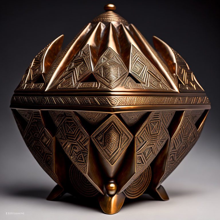 Intricate geometric bronze sphere with crown-like structure on soft gray background