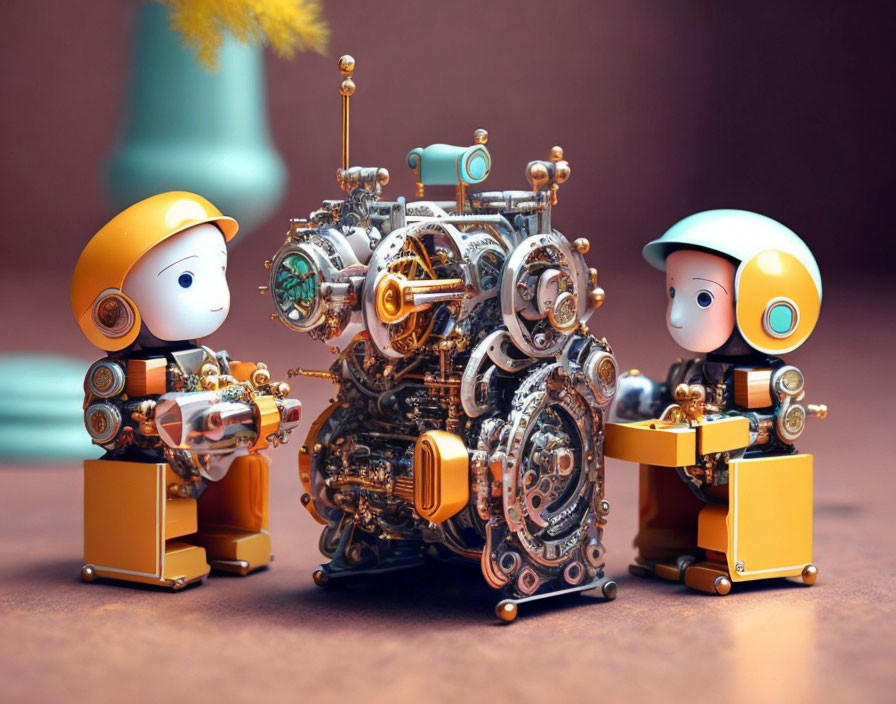 Childlike robots in orange and white colors fixing steampunk machine