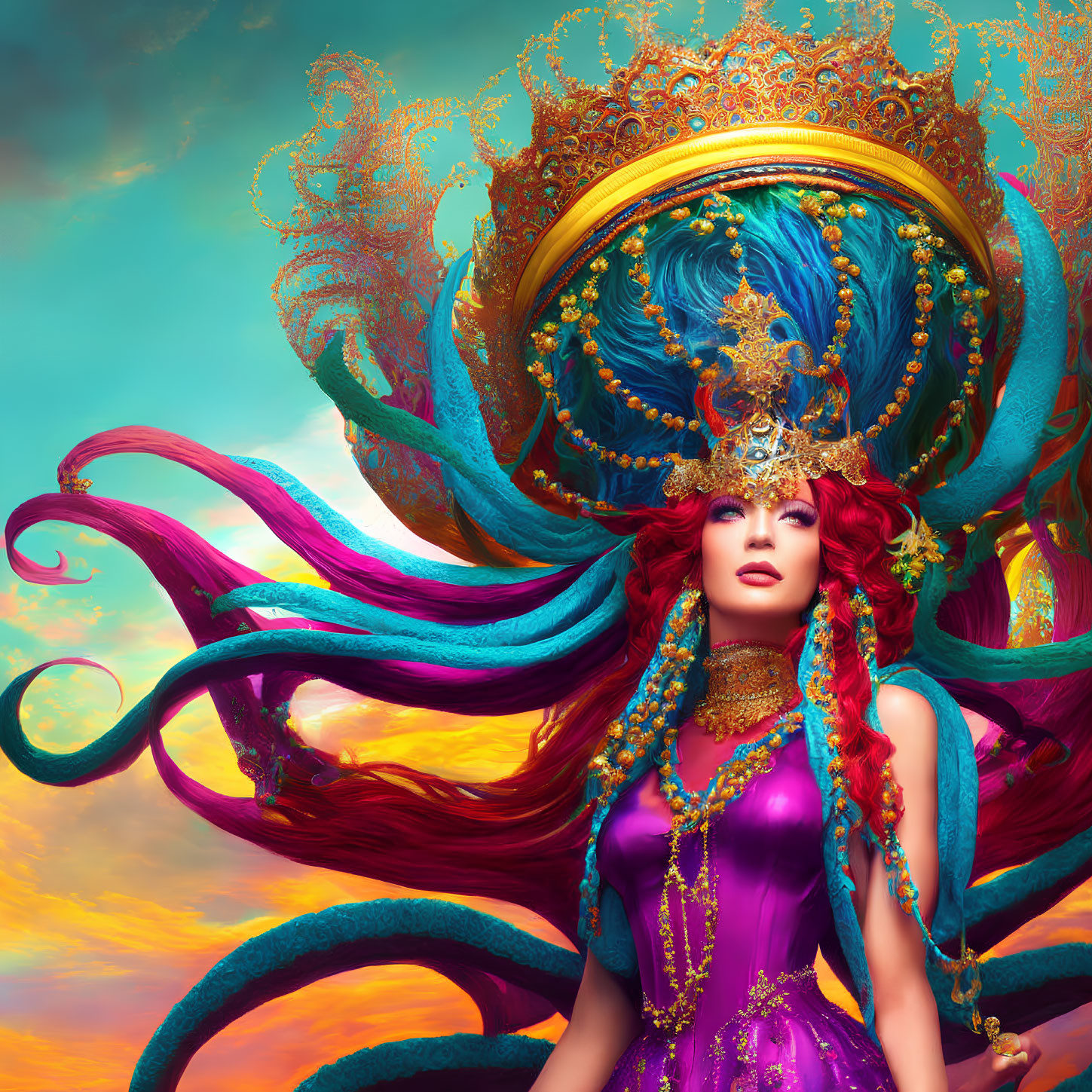 Multicolored hair woman with golden headdress in fantasy art