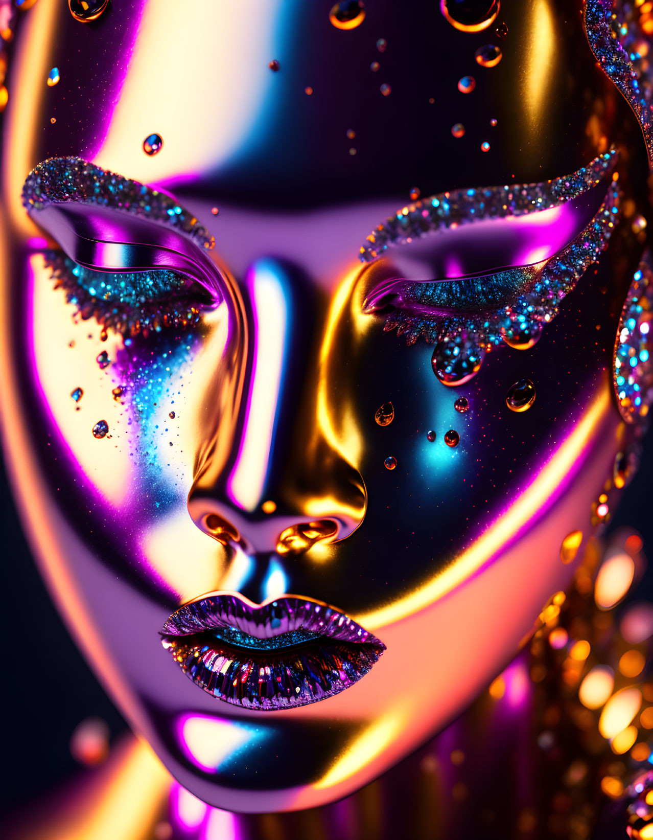 Colorful digital artwork: Metallic face with glitter, jewels, cosmic palette