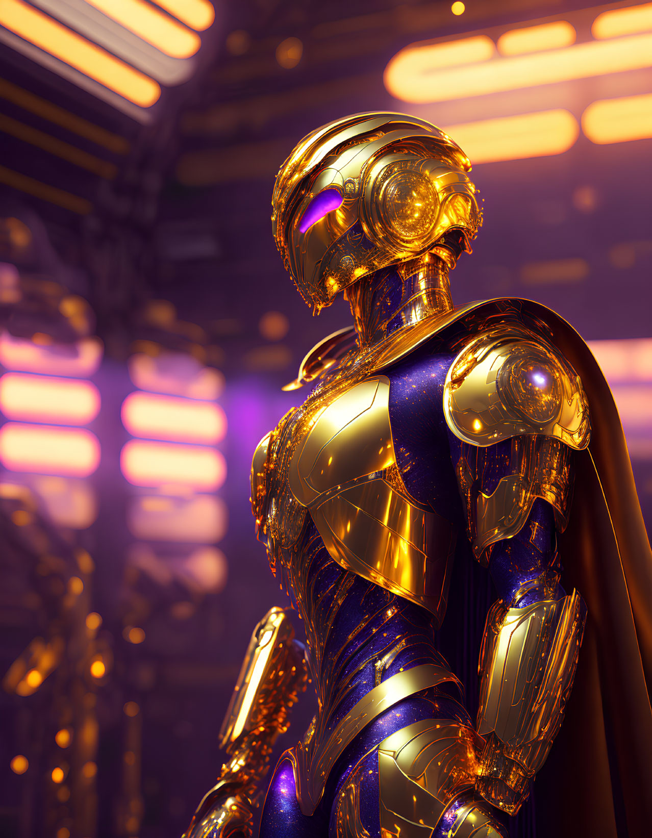 Golden futuristic robot in purple and orange lit room