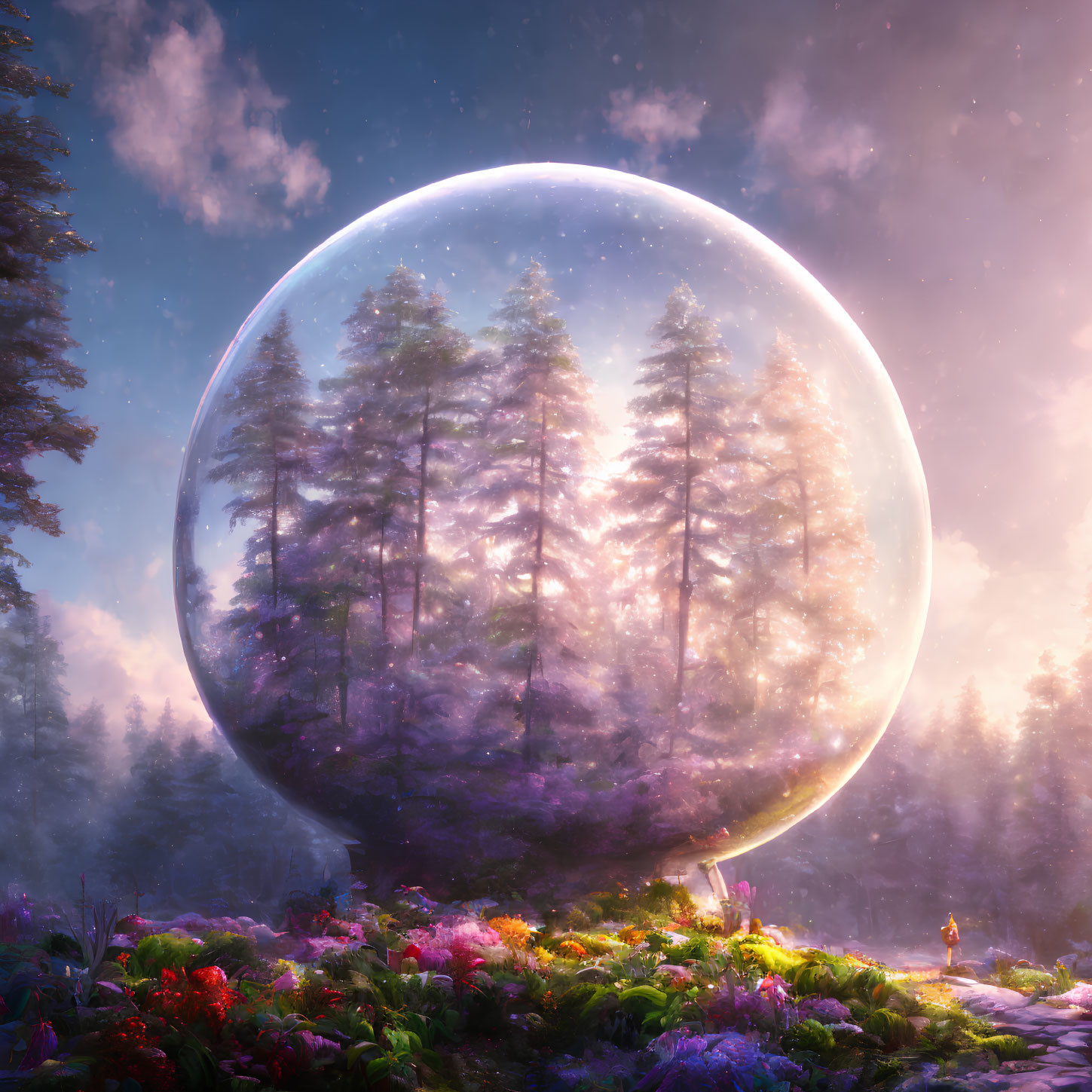 Surreal landscape with person and transparent orb in vibrant forest