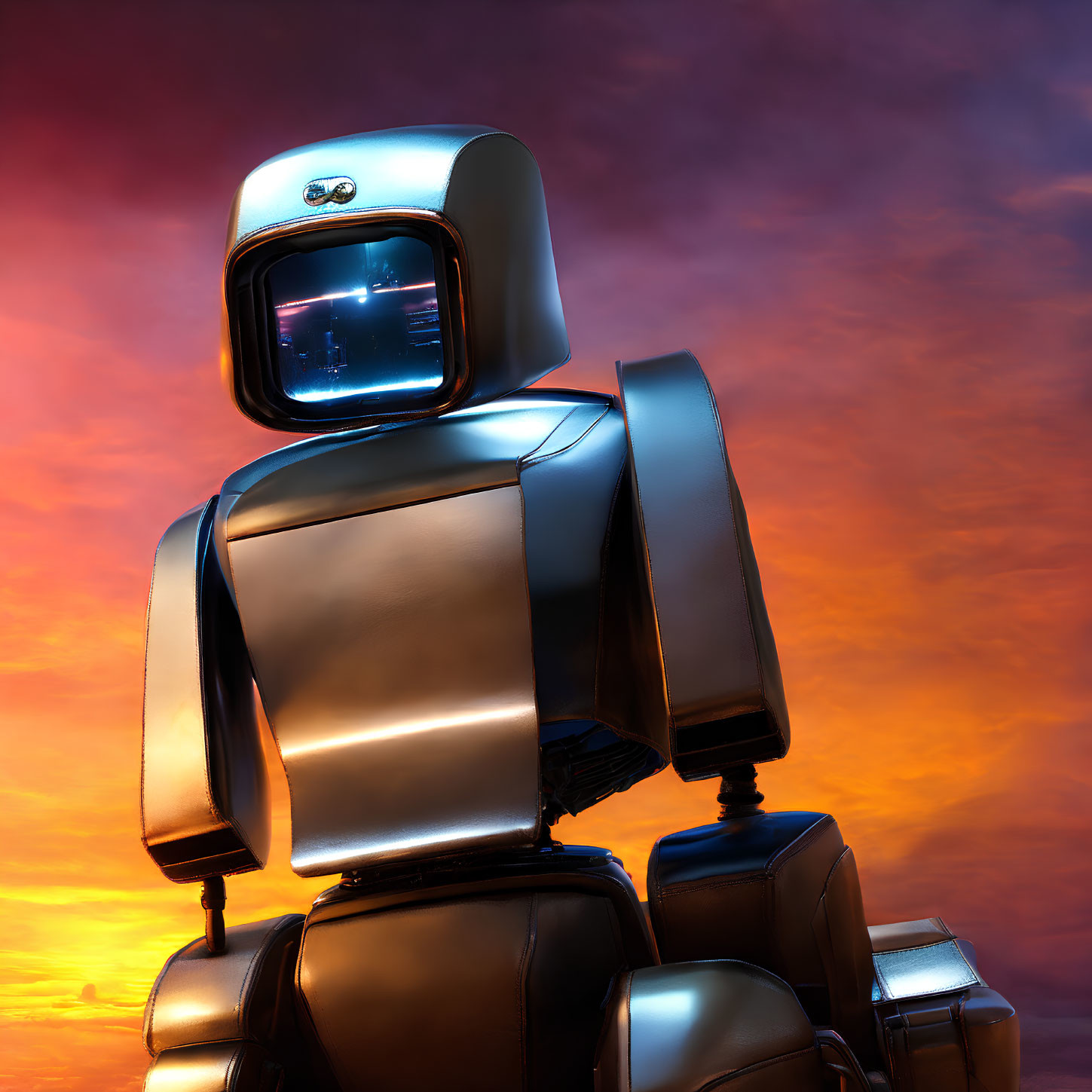 Futuristic robot with metallic body against dramatic sunset sky