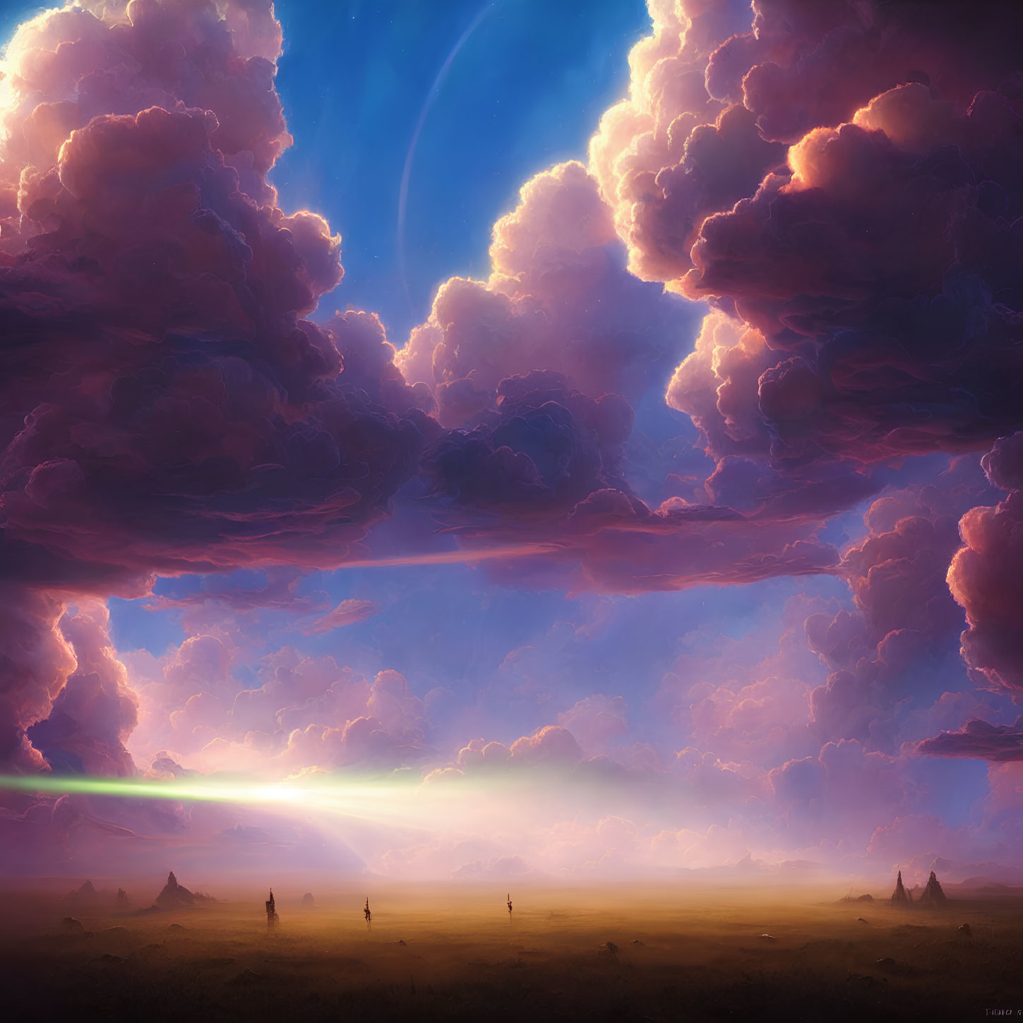 Surreal landscape with vast field, dramatic sky, towering clouds, figures, and distant planet.