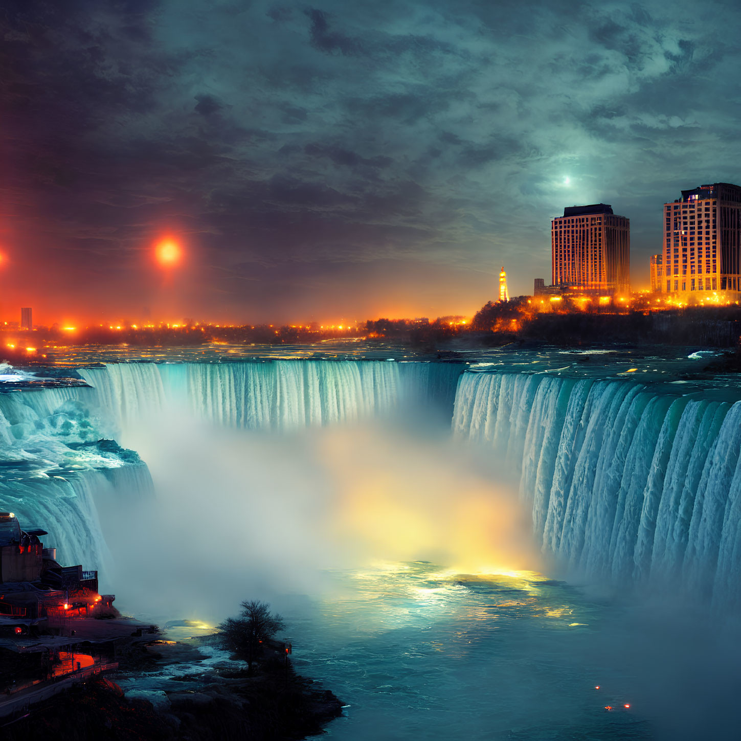 Niagara Falls illuminated at night with city skyline contrast