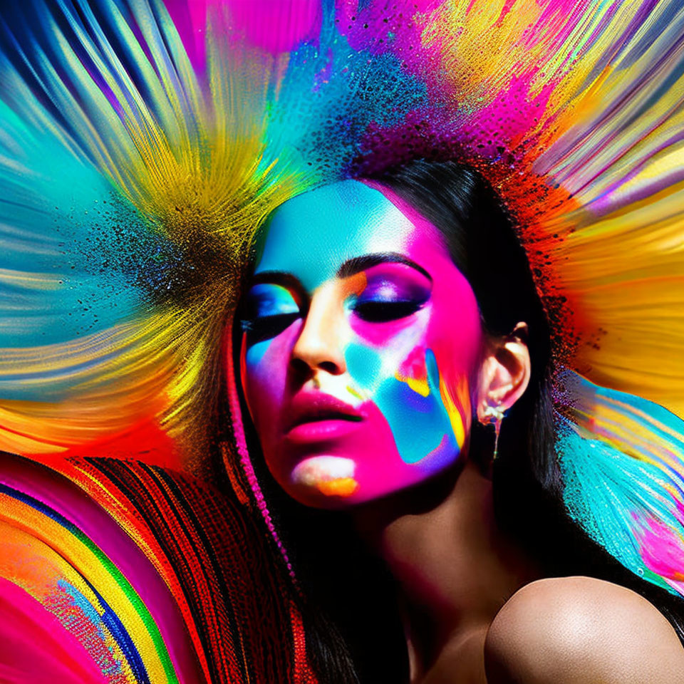 Colorful Digital Paint Splashes Transform Woman's Portrait