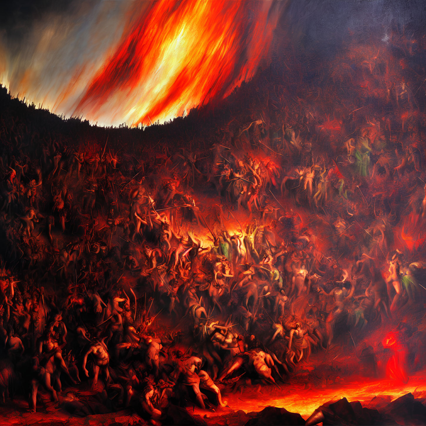 Fiery Hellish Scene with Tormented Figures in Flames