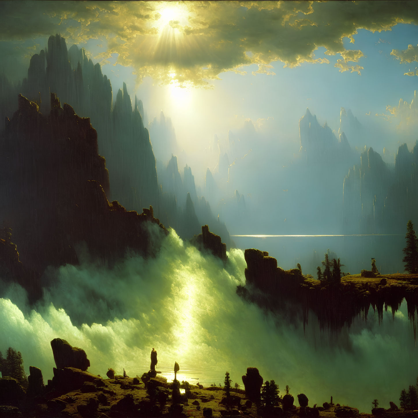 Mystical landscape with rugged peaks and silhouetted figures