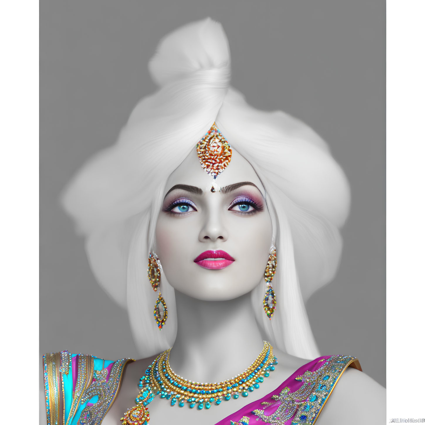 Woman with Striking Makeup and White Turban Adorned with Orange Jewel