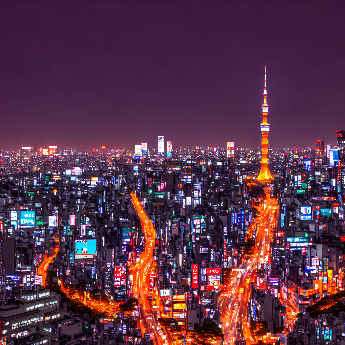 Night Cityscape with Illuminated Streets and Tower in Purple Sky